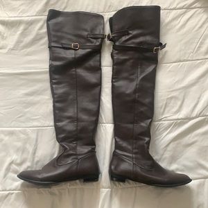 Thigh high flat boots size 10. Leather imitation